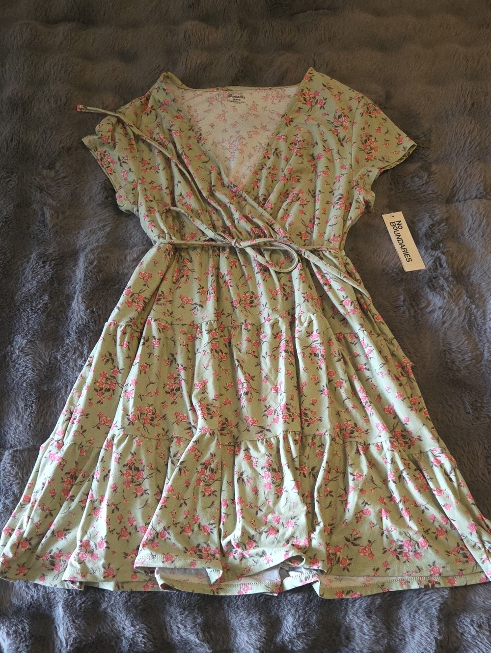No Boundaries Mint Green Floral Wrap Dress with Pink Roses